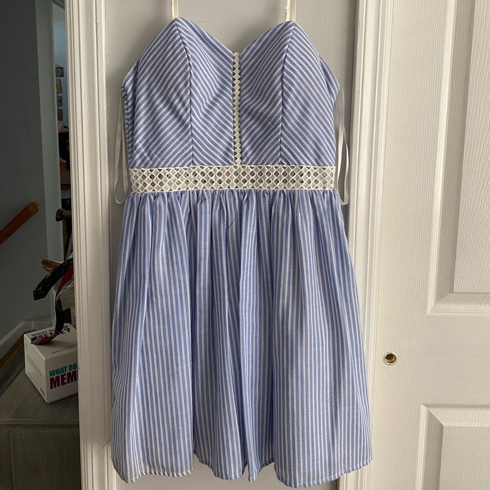 White and blue spaghetti strap mini dress